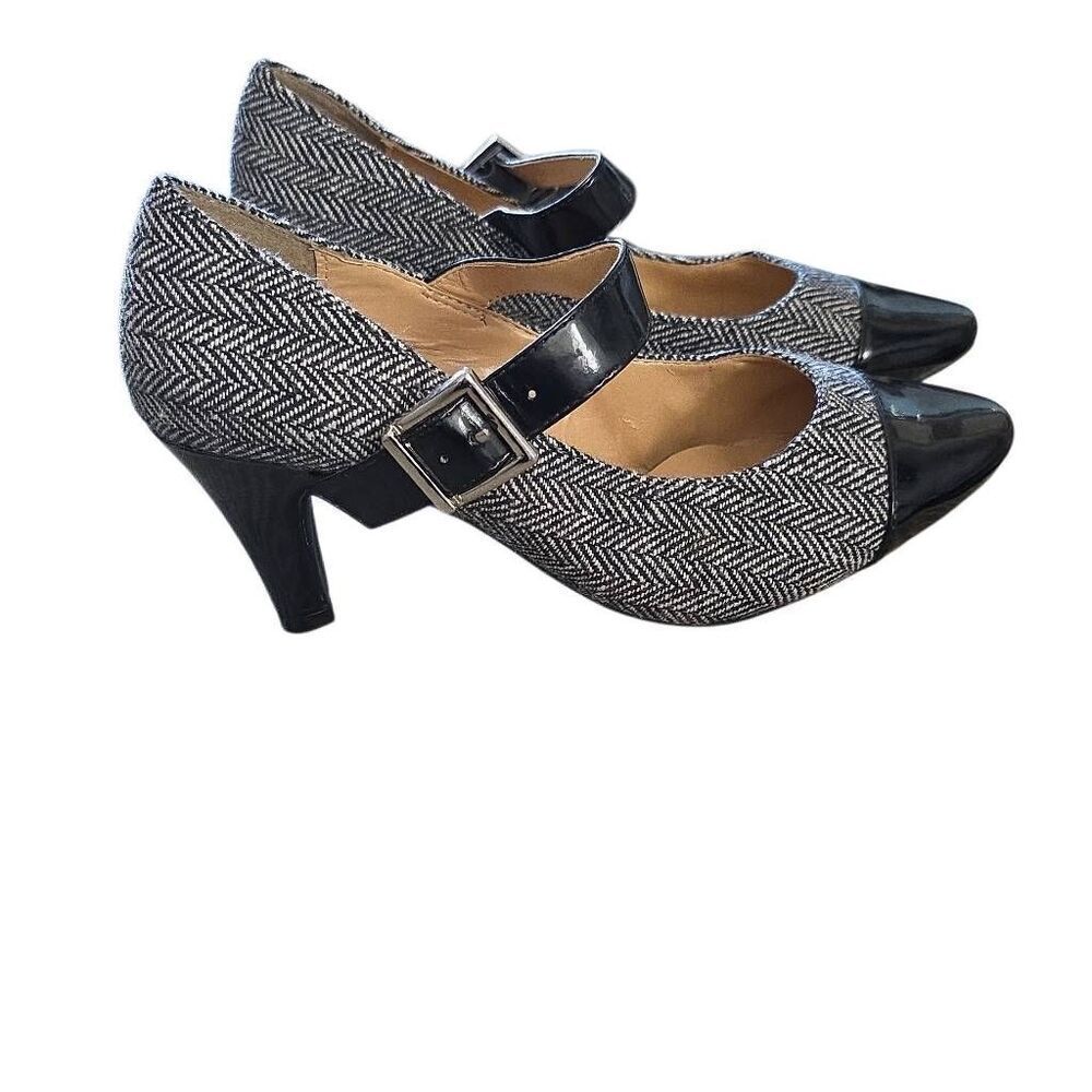 Karen Scott Women's Size 6.5 Black White Tweed Buckled Patent Toe Heels